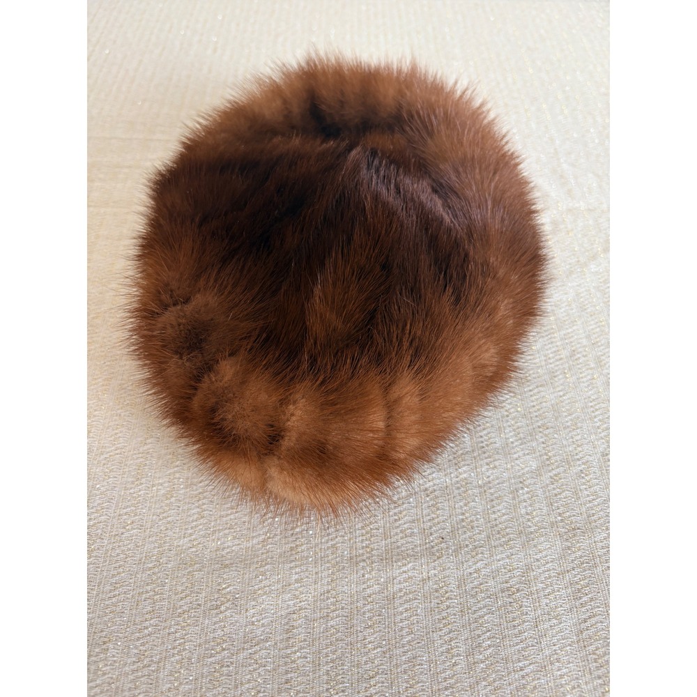 Vintage Mink Fur Hat OS Brown Good Pillbox Beret Satin Lined Mid-Century Retroβ